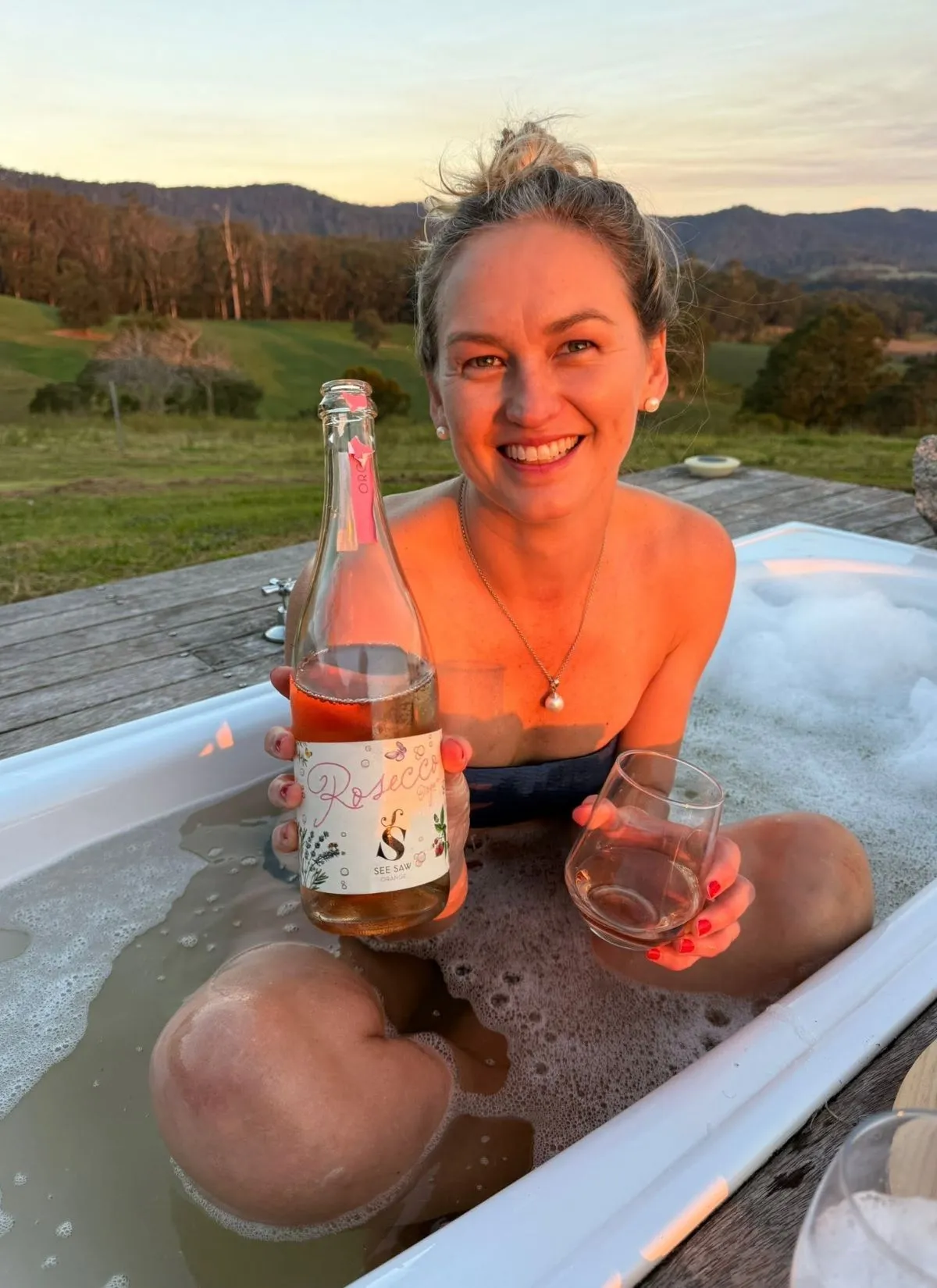 Jen relaxing in a bath at Sapphire Coast Dairy Homestead