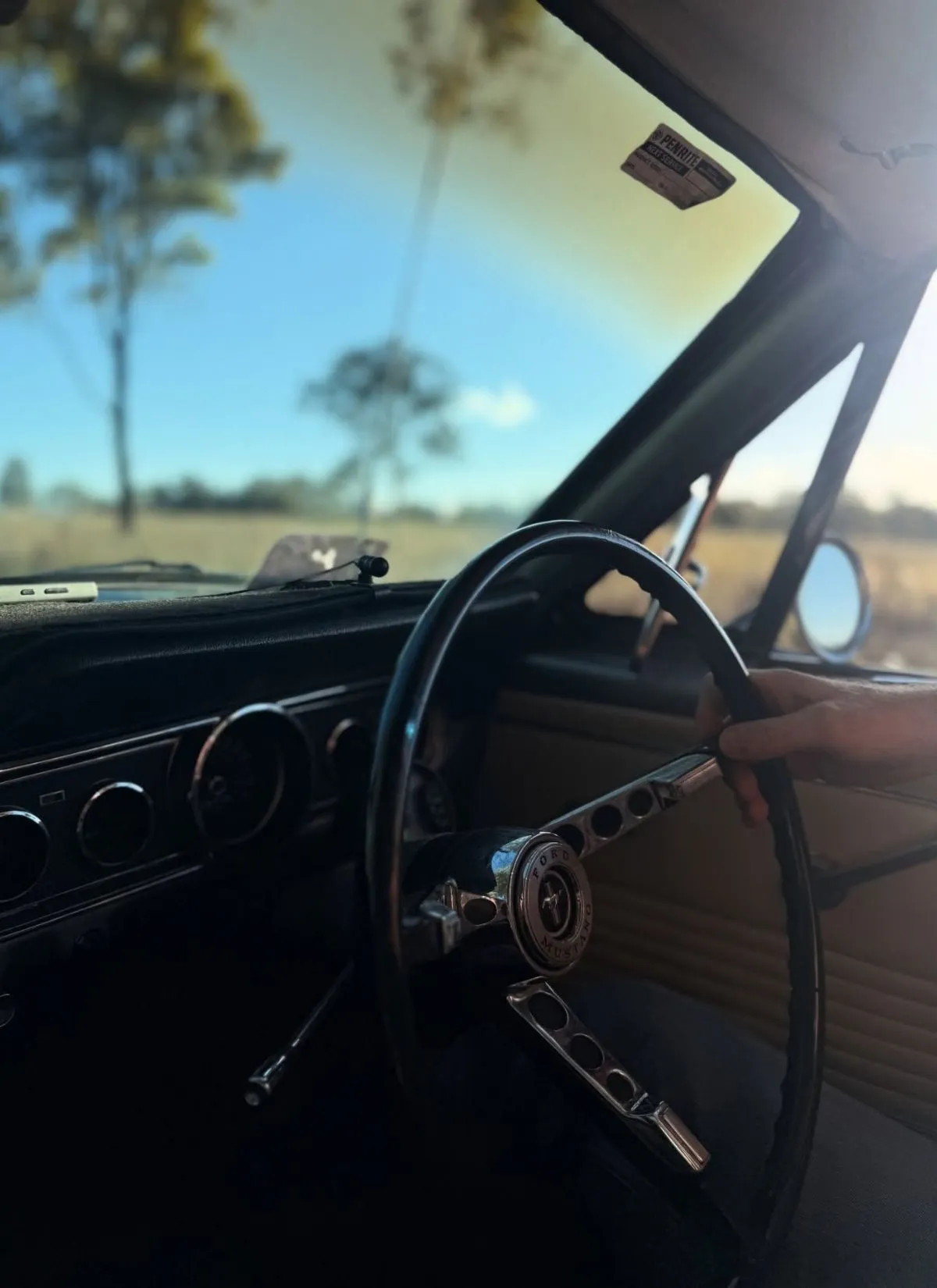 Jen with a Mustang on an open road